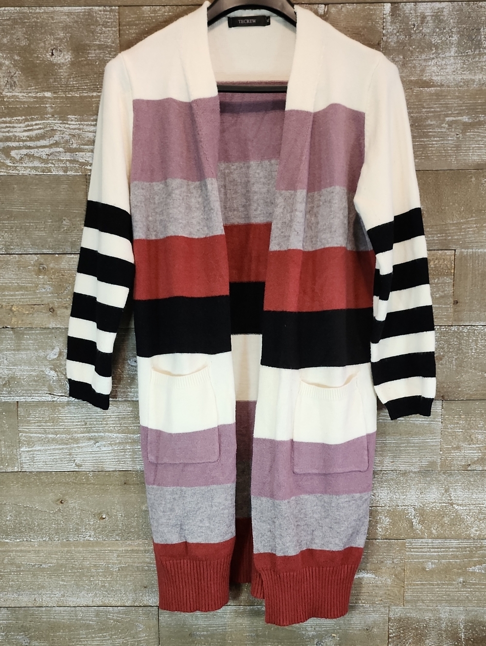 Open-Front Striped Long Cardigan in Cream, Mauve & Rust
